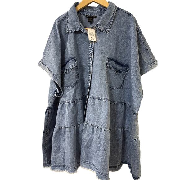 Ashley Stewart Dresses & Skirts - ASHLEY STEWART Denim Shirt Dress Size 32 Acid Wash Tiered NWT Cotton Button Up
